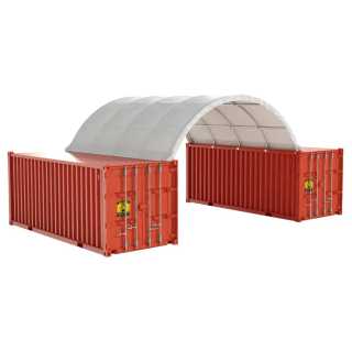 2 large shipping containers are shown in the image, one with a door open.